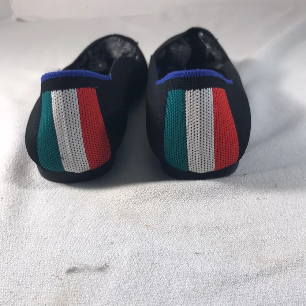 Rothy’s Women’s The Point Black Slip-On Flats with Italian Flag Stripe Heel W7.5